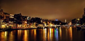 Amstel River at Night in Amsterdam